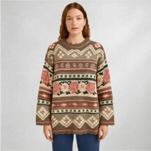 Dana Scott Sweater Women’s Large Brown Pink Floral Fair Isle Knit Pullover Y2K